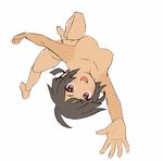  1girl black_hair breasts cloak higana_(pokemon) looking_at_viewer nude open_mouth outstretched_arm outstretched_hand pokemon pokemon_(game) pokemon_oras red_eyes saitou_naoki short_hair short_ponytail simple_background sketch solo upside-down white_background 