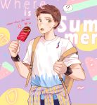  1boy backpack bag brown_eyes brown_hair clothes icecream male_focus marvel open_mouth pants peter_parker peyo_han shirt short_hair solo spider-man spider-man_(series) standing surprised 