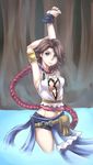  1girl arms_up brown_hair final_fantasy final_fantasy_x final_fantasy_x-2 looking_at_viewer ponytail ryukenden short_shorts shorts solo yuna 