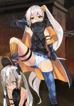  2girls arm_up blood blurry blurry_background boots breasts bruise_on_face building_block carrying_over_shoulder combat_knife fire girls_frontline gloves googles gun jacket knife long_hair looking_at_viewer looking_down machine_gun multiple_girls panties pantyshot pkp_(girls_frontline) side_ponytail single_thighhigh sleeveless small_breasts tanaka_kazumu tears thighhighs twintails underwear weapon yellow_eyes 