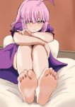  1girl ahoge barefoot bed blush brown_eyes dress feet gakkou_gurashi! highres long_hair looking_away pillow pink_hair sakura_megumi soles toes 