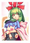  1girl :d alternate_costume bangs bare_shoulders black_shirt blue_eyes blue_hair blush cabbie_hat character_doll commentary_request detached_sleeves doll eyebrows_visible_through_hair frilled_ribbon frills green_eyes green_hair green_hat hair_bobbles hair_ornament hair_ribbon hat holding holding_doll kagiyama_hina kaiza_(rider000) kawashiro_nitori long_hair long_sleeves looking_at_viewer object_hug open_mouth outline pink_background red_ribbon ribbon shirt short_hair smile solo touhou two_side_up upper_body white_outline wide_sleeves 