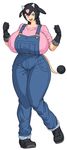  black_hair blue_eyes braid breasts covered_nipples cow_girl denim fist_pump gen_2_pokemon gigantic_breasts gloves highres horns miltank open_mouth overalls personification pink_shirt pokemon shirt solo space_jin tail teeth thick_thighs thighs tongue twin_braids wide_hips 