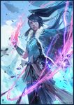  1girl airship animal aura avatar:_the_last_airbender blue_eyes cloak clothes_around_waist dark_skin high_ponytail korra naga_(avatar) ross_tran sash sky solo_focus the_legend_of_korra 