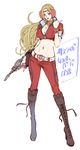  blonde_hair breasts cleavage gun large_breasts midriff smile tabe_koji translation_request weapon 