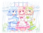  3girls :d :o animal_ears bangs bear_ears blue_eyes blue_hair blurry blurry_background blush bow bunny_ears cat_ears cat_girl cat_tail commentary_request curtains depth_of_field dress eyebrows_visible_through_hair frilled_pillow frills green_bow green_eyes hair_between_eyes hair_bow hair_ornament hand_up light_brown_hair long_sleeves mask mask_on_head multiple_girls one_eye_closed open_mouth original pajamas parted_lips pillow pinching pink_hair pleated_dress red_bow shikito sleep_mask sleeves_past_wrists smile standing tail tail_bow tail_raised white_dress window 