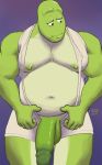  2018 5_fingers amphibian anthro balls biceps frog howz humanoid_penis male muscular muscular_male navel nipples pecs penis purple_background simple_background solo 