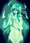  absurdres aqua aqua_hair aqua_skin bare_tree blue_fire breasts ectoplasm fire floating floating_object ghost highres hitodama lapaco large_breasts long_hair long_sleeves looking_at_viewer midriff navel original red_eyes see-through smile solo tree veil 