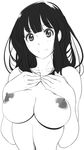  1girl areolae breasts chitanda_eru erect_nipples female hands_on_chest hyouka large_breasts looking_at_viewer monochrome nipples nude simple_background solo suesan white_background 