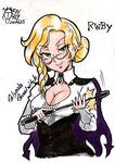  1girl 2016 blonde_hair breasts character_name cleavage copyright_name dated glasses glynda_goodwitch rwby signature solo sqengengoro 