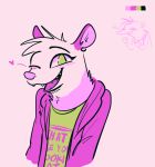  &lt;3 2019 anthro blush clothed clothing color_swatch cool_colors didelphid ear_piercing ear_ring english_text female fuel_(artist) green_eyes half-length_portrait head_tuft looking_at_viewer mammal marsupial one_eye_closed open_jacket open_mouth open_smile piercing pink_background portrait restricted_palette simple_background smile solo text wink 