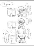  1girl 3koma bangs blunt_bangs blush_stickers comic controller cyclops frown greyscale highres joystick letterboxed monitor monochrome one-eyed open_mouth original playing_games school_uniform serafuku shima_(sh1mamu) simple_background sketch tears translation_request upper_body white_background 