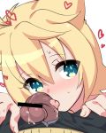  1boy 1girl animal_ears bar_censor black_pants blonde_hair blue_eyes blush cat_ears censored close-up eyebrows_visible_through_hair face gj-bu hair_between_eyes hair_flaps heart kirara_bernstein kuro_mushi licking looking_at_viewer nose_blush open_fly oral pants penis pov precum saliva short_hair solo_focus sweat tongue tongue_out 