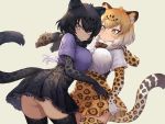  2girls animal_ears bangs belt black_hair black_jaguar_(kemono_friends) black_legwear black_neckwear black_skirt blonde_hair blush bow bowtie breasts center_frills commentary cross_eyed elbow_gloves eyebrows_visible_through_hair frown fur_collar gloves gradient_hair guchico hair_between_eyes hand_on_another&#039;s_waist high-waist_skirt jaguar_(kemono_friends) jaguar_ears jaguar_print jaguar_tail kemono_friends large_breasts looking_at_viewer multicolored_hair multiple_girls print_gloves print_legwear print_neckwear print_skirt purple_shirt shirt short_hair short_sleeves silver_eyes simple_background skirt tail thighhighs white_hair white_shirt yellow_eyes yellow_legwear yellow_skirt 