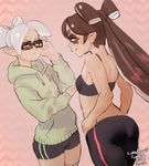  aori_(splatoon) ass bike_shorts colo_(nagrolaz) glasses hood hoodie hotaru_(splatoon) looking_at_viewer multiple_girls nintendo pointy_ears purple_hair silver_hair splatoon sports_bra tentacle_hair 