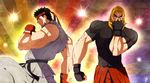  2boys black_hair blonde_hair capcom dougi fingerless_gloves gloves headband jojo_no_kimyou_na_bouken jojo_pose ken_masters multiple_boys parody pose ringoandou ryuu_(street_fighter) street_fighter street_fighter_v 