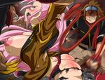  1girl amarello_berge areolae ass battle_spirits battle_spirits:_sword_eyes belt blush breasts breasts_outside detached_collar erection full-face_blush goggles hairband highres large_breasts legs long_hair makino_tomoyasu nipples open_mouth pink_hair ponytail rape saliva standing sweat tears thighs torn_clothes whip whipping yellow_eyes 