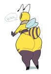  2019 antennae anthro arthropod bee big_butt bikini breasts butt clothed clothing dialogue english_text eyelashes female footwear high_heels huge_butt hymenopteran insect insult meirdent neck_tuft non-mammal_breasts rear_view shoes skimpy solo speech_bubble standing string_bikini swimsuit text tuft wide_hips wings 