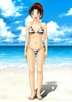  1girl bare_legs barefoot beach bikini blue_eyes blush brown_hair cloud clouds female happy kurono_masaka looking_at_viewer meitantei_conan navel ocean open_mouth outdoors shadow side-tie_bikini sky solo swimsuit thigh_gap tongue touyama_kazuha water 