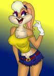  2018 4_fingers a-fitzga absurd_res anthro belt big_breasts blonde_hair blue_eyes breasts buckteeth camel_toe cleavage clothed clothing denim_shorts eyelashes eyeshadow female floppy_ears gloves gradient_background hair hairband hi_res lagomorph lola_bunny looney_tunes makeup mammal midriff navel nipple_outline open_mouth open_smile pink_nose rabbit shirt short_hair shorts simple_background smile solo tank_top teeth tongue torn_clothing warner_brothers 