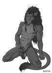  abs anthro athletic balls barbed_penis clothing erection felid greyscale kneeling lion male mammal masturbation monochrome nipples open_mouth pantherine penis shintori solo underwear 