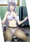  1girl aqua_eyes blush bra breasts high_school_dxd large_breasts long_hair open_mouth panties rossweisse silver_hair solo stitched tears thighhighs underwear 