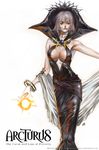  arcturus areola areola_slip areolae black_dress bracelets breasts cleavage concept_art dress grey_hair high_collar large_breasts magic official_art witch 