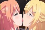  2girls animated animated_gif blonde_hair blue_eyes blush french_kiss hair_ornament hiiragi_kururu kiss mankitsu_happening mitsuki_otona multiple_girls orange_hair ribbon tongue_out waffle yuri 