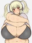  1girl blonde_hair blush bra breasts cleavage fat headphones huge_breasts looking_at_viewer navel nitroplus open_mouth plump red_eyes shirt shirt_lift solo super_pochaco tensai427 twintails underwear upper_body 