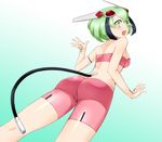  android ass back bandeau bike_shorts blush dimension_w green_eyes green_hair headgear looking_at_viewer looking_back multicolored_hair nam_(valckiry) open_mouth pink_shorts short_hair shorts solo strapless streaked_hair tail yurizaki_mira 