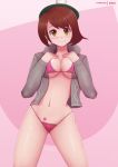  1girl belly beret bra breasts brown_eyes brown_hair creatures_(company) eyebrows female_protagonist_(pokemon_swsh) game_freak hat highres matching_hair/eyes nintendo panties pokemon pokemon_swsh short_hair smile solo stomach underwear 