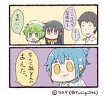  1boy 2koma 3girls :d ahoge artist_name biting black_hair blue_hair comic commentary_request facebook facebook-san green_eyes green_hair hat jitome labcoat line_(naver) lip_biting long_hair multiple_girls open_mouth personification ponytail red_eyes sailor_hat short_twintails smile translation_request tsukigi twintails twitter twitter-san twitter-san_(character) twitter_username yellow_eyes 