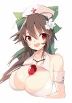  1girl :d armband bangs bare_shoulders blush bow breasts brown_hair collarbone commentary_request cropped_torso detached_collar eyebrows_visible_through_hair flower green_bow hair_between_eyes hair_bow hair_flower hair_ornament hat highres large_breasts long_hair looking_at_viewer nurse_cap open_mouth red_cross red_eyes reiuji_utsuho simple_background smile solo tetsurou_(fe+) touhou upper_body white_background white_bikini_top white_flower 