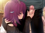  1boy 1girl akino_saki censored cum ejaculation game_cg handjob ice_no! indoors jpeg_artifacts penis purple_hair refeia short_hair 