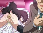  1girl adjusting_necktie aftersex anal_insertion anal_object_insertion anus ass back bare_arms bed black_hair censored clothed_male_nude_female cum cum_in_pussy cum_on_body cum_on_lower_body gosho_ai hero_bank highres humiliation legs long_hair lying makino_tomoyasu money mosaic_censoring necktie on_bed on_stomach open_mouth prostitution pussy shaved socks solo_focus suit sweat thighs 