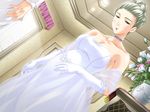  1girl bare_shoulders blush breasts choker dutch_angle earrings elbow_gloves game_cg gloves hair_bun highres indoors jewelry large_breasts lucha! male_hand milf no_bra pregnant red_lipstick todoroki_kayo upscaled waifu2x wedding_dress yoyogi_hitozuma_senmon_gakuin 