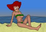  2018 5_fingers 5_toes a-fitzga absurd_res anthro beach big_breasts bikini black_nose breasts canid canine canis cleavage clothed clothing disney domestic_dog ear_piercing female goof_troop hair hi_res mammal mature_female midriff navel nipple_outline outside peg_pete piercing red_hair seaside short_hair sitting solo swimsuit toes under_boob water 