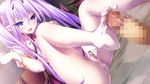  1boy 1girl ashley_erutoriaru barefoot blush censored fang feet footjob game_cg gears_of_dragoon_2 horns kinmedai_pink open_mouth penis pointy_ears purple_eyes purple_hair pussy_juice tagme toes twintails 