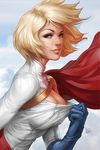  blonde_hair blue_eyes breasts cape cleavage cleavage_cutout cleavage_reach cloud cloudy_sky day dc_comics elbow_gloves eyelashes gloves large_breasts lips power_girl realistic short_hair sky solo stanley_lau superhero 
