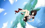  1girl black_hair chipa_(arutana) cloud female geta hat highres mountain red_eyes shameimaru_aya sky solo tokin_hat touhou water 