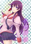  asahi_yanagi bad_id bad_pixiv_id bakemonogatari blue_eyes long_hair monogatari_(series) purple_hair school_uniform senjougahara_hitagi skirt smile solo stapler 