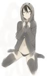  black_hair darth_wooser hood hoodie kneeling navel nishieda original panties simple_background sketch solo thighhighs underwear 