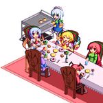  ^_^ arm_up bangs bat_wings blonde_hair blue_bow blue_dress blue_eyes blue_hair bottle bow braid brooch carpet chair closed_eyes cravat crystal cup dress drinking_glass eating flandre_scarlet food fork green_bow hair_bow hat head_wings heart holding holding_fork hong_meiling izayoi_sakuya jewelry kisasage_kouta knife koakuma long_hair long_sleeves long_table maid_headdress meal mob_cap multiple_girls open_mouth patchouli_knowledge pink_hair pixel_art pudding purple_hair red_eyes remilia_scarlet ribbon-trimmed_collar ribbon_trim serving_cart short_hair short_sleeves silver_hair simple_background sitting standing table tablecloth the_embodiment_of_scarlet_devil touhou twin_braids white_background wine_bottle wine_glass wings 