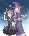  ball black_santa_costume card doll dress earrings hat holding holding_card jewelry long_hair moon multiple_girls ponytail purple_hair santa_costume shirayuki_usami skull star stella_(trickster) trickster voodoo_doll witch witch_hat witch_la_befana_(trickster) yellow_eyes 