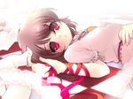  arm_ribbon blush brown_hair carrot checkered checkered_floor doily face hands inaba_tewi jewelry looking_at_viewer lying on_back pendant perspective red_eyes ribbon short_hair silhouette_sakura solo touhou 