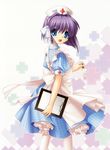  blue_eyes clannad clipboard dress fujibayashi_ryou hair_ribbon hinoue_itaru nurse purple_hair ribbon short_hair solo thermometer 