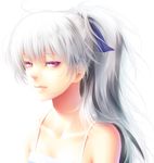  bangs bare_shoulders blue_ribbon camisole closed_mouth collarbone darker_than_black eyelashes face hair_ribbon kayu light_smile lips looking_at_viewer messy_hair ponytail purple_eyes ribbon simple_background solo spaghetti_strap upper_body white_background white_hair yin 