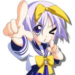  blue_eyes foreshortening hiiragi_tsukasa lucky_star pointing purple_hair rindou_(awoshakushi) ryouou_school_uniform school_uniform serafuku short_hair solo yellow_neckwear 