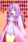  bad_id bad_pixiv_id crescent crescent_hair_ornament hair_ornament hair_ribbon kohaku. legs long_hair no_hat no_headwear patchouli_knowledge purple_eyes purple_hair ribbon solo striped thigh_gap touhou 