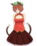  animal_ears arms_behind_back bad_id bad_pixiv_id bare_shoulders breasts brown_hair cat_ears cat_tail chen cleavage cleavage_cutout earrings hat jewelry kurokuro large_breasts multiple_tails older red_eyes seductive_smile short_hair smile solo standing tail touhou 